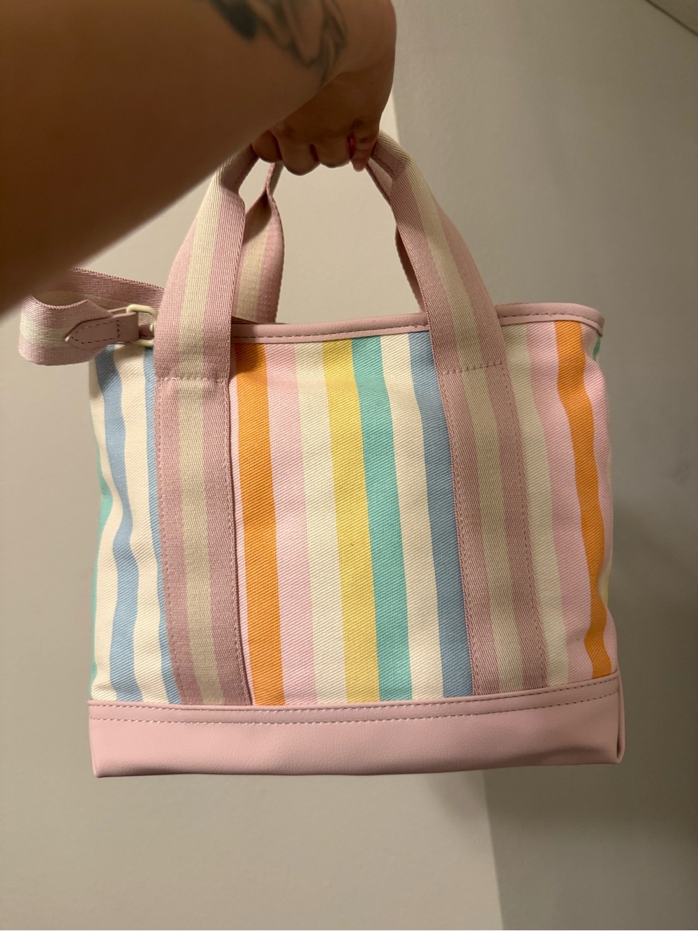 Betsey Johnson Pastel Striped Canvas Tote with Flower Charm - Pink - Picture 2 of 5